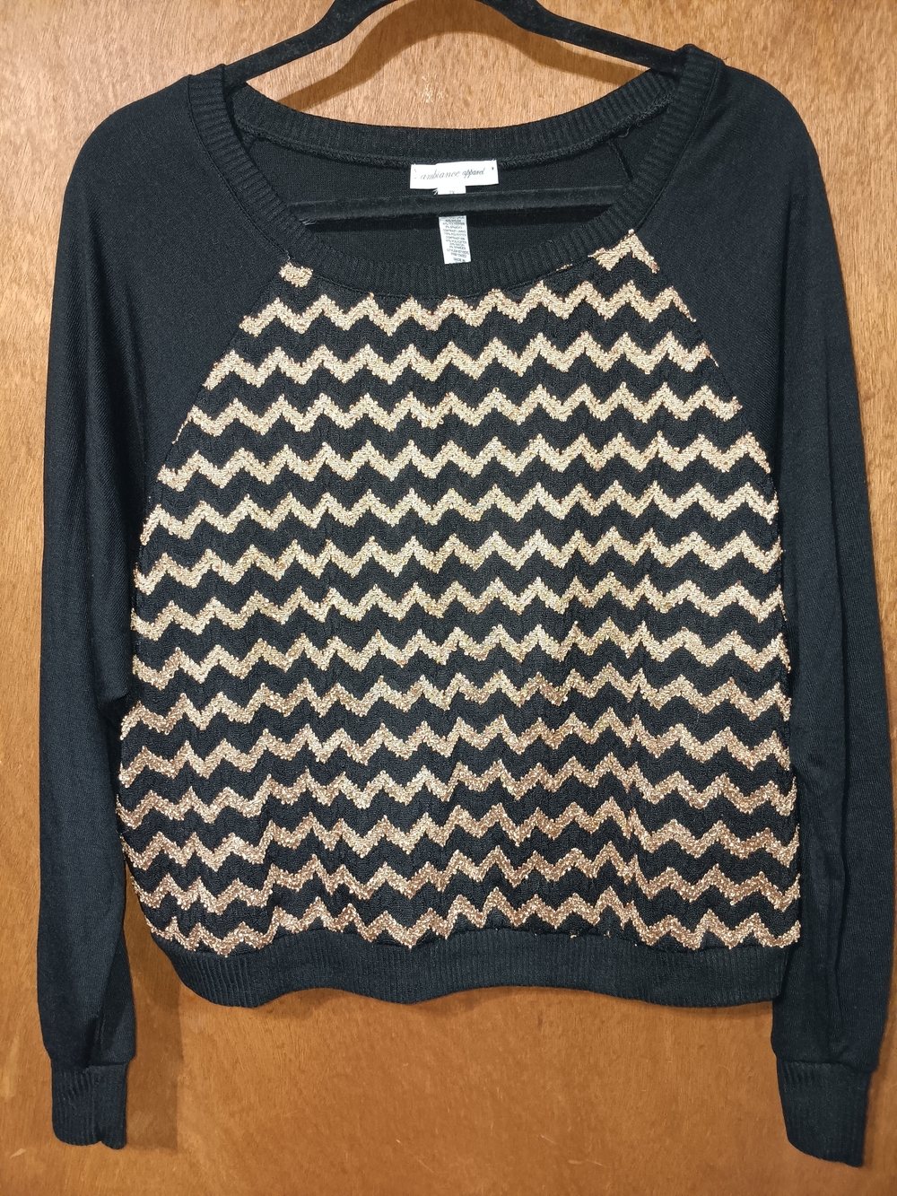 Adrianna Papell Black Sweater with Metallic Gold Chevron Front